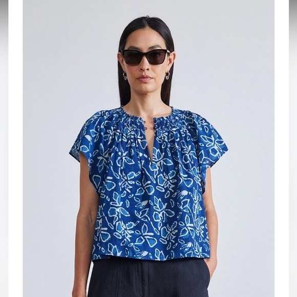 Apiece Apart Patricia Flutter Sleeve Floras Dabu Indigo Blouse Size Small
